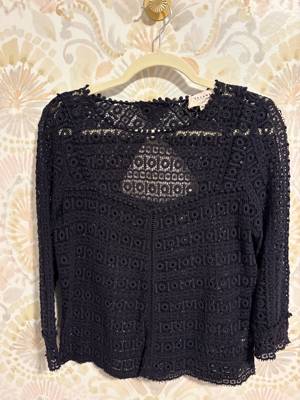 Sezane Navy Blue Cotton Guipure Lace Open Back Blouse Eyelet Top Size 36 US 4